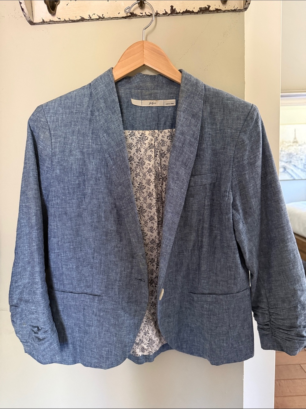Gibson Chambray Open-Front Blue Linen-Blend Blazer